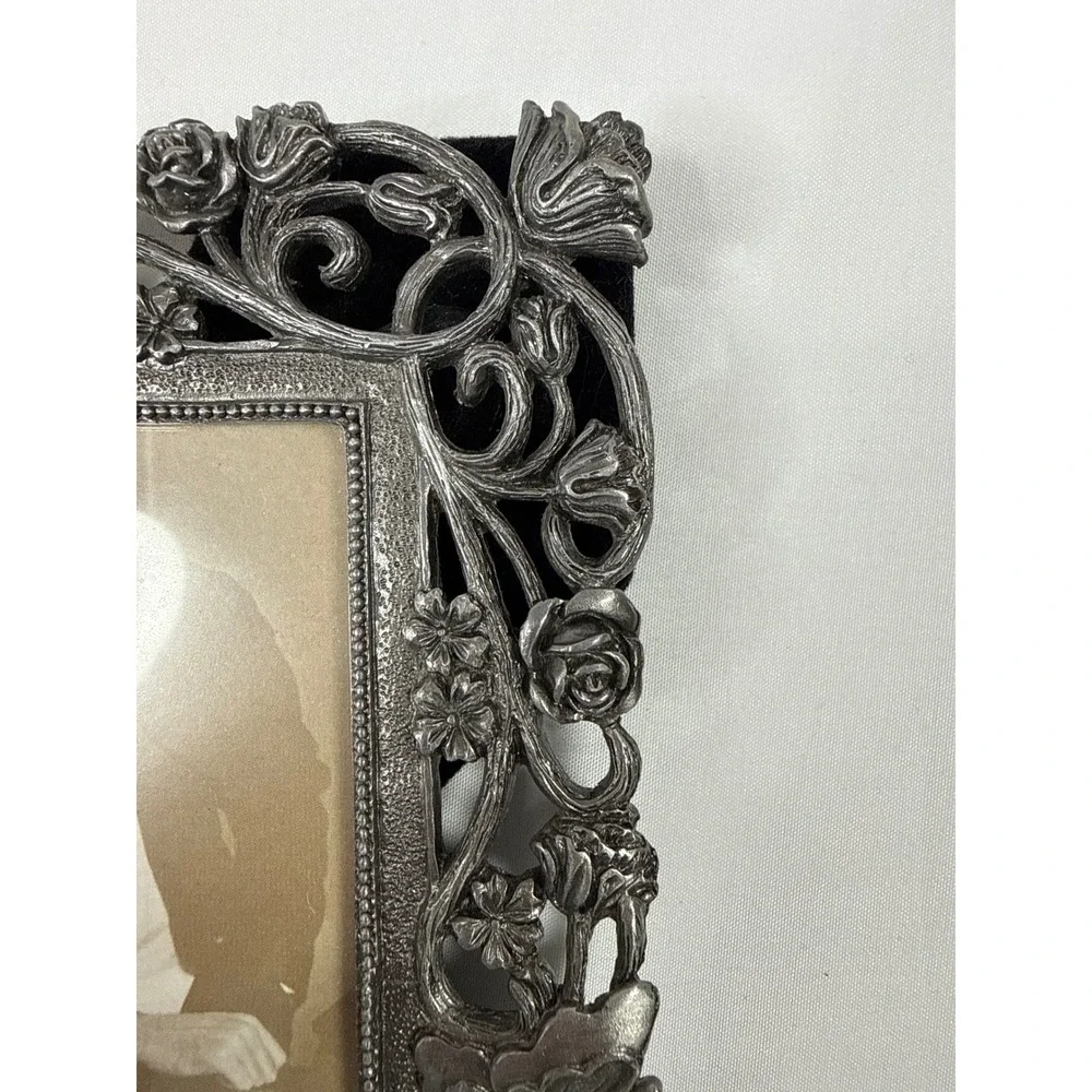 Amora Pewter Butterfly Rose Floral 4x6 Picture Frame Ornate Metal Vintage Style